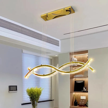 Gold crystal linear chandelier at 59.1 in length with remote dimming