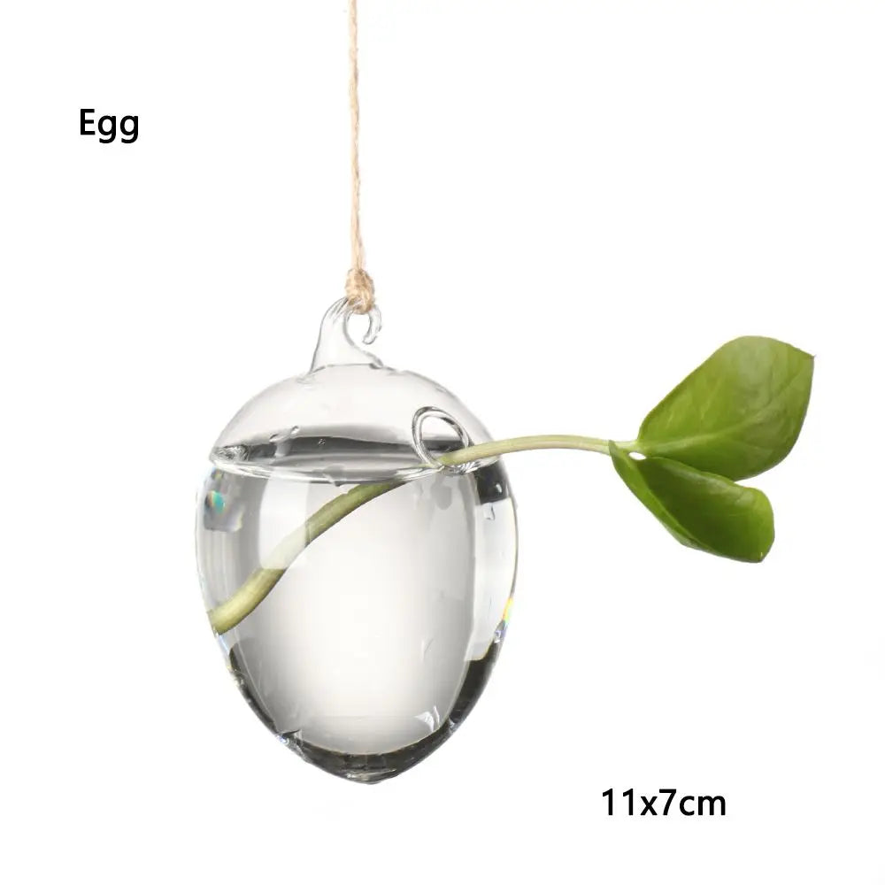 Hanging glass ball vases in multiple shapes along a driftwood branch display