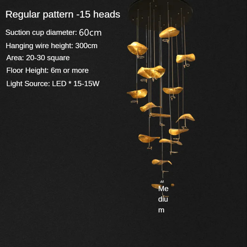 Copper lotus staircase chandelier lit in white light downward