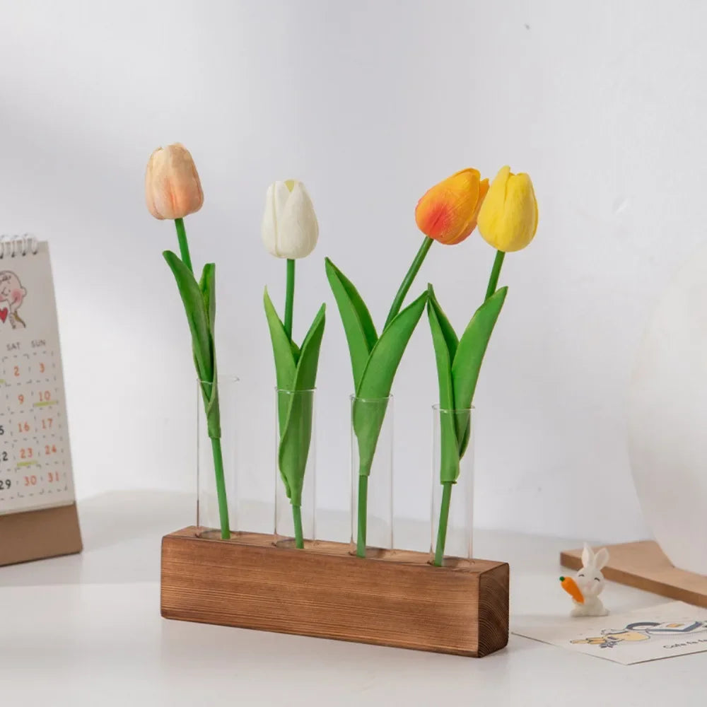 Five-tube glass propagation planter on wooden stand for home herb garden
