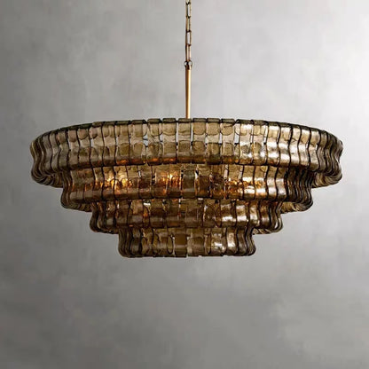 Smoke grey glass chandelier with shades on a polished steel frame