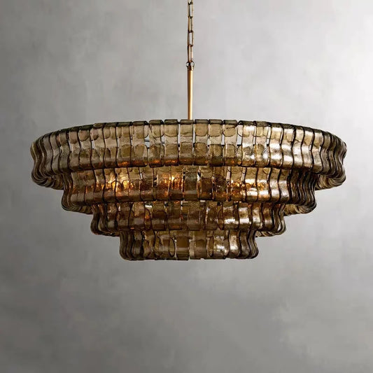 Smoke grey glass chandelier with shades on a polished steel frame
