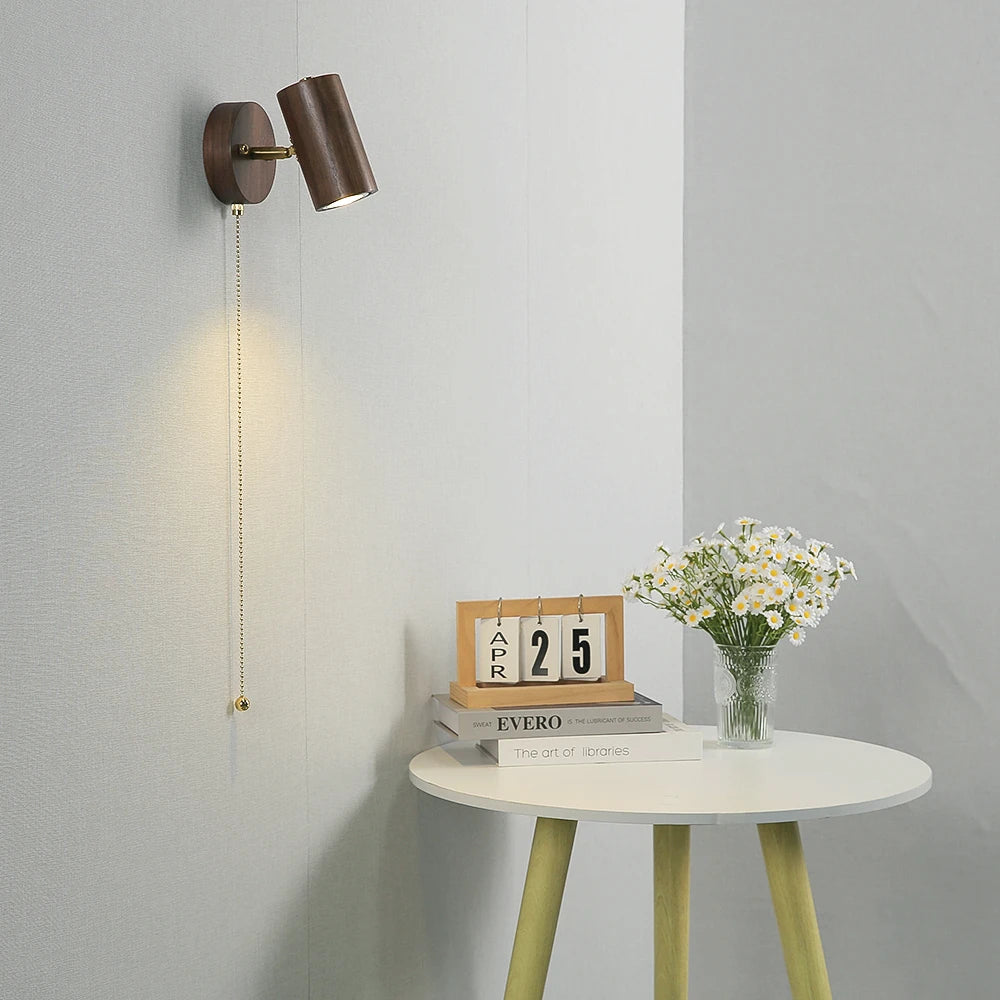 walnut wood wall sconce, close-up of shade and hardware detail