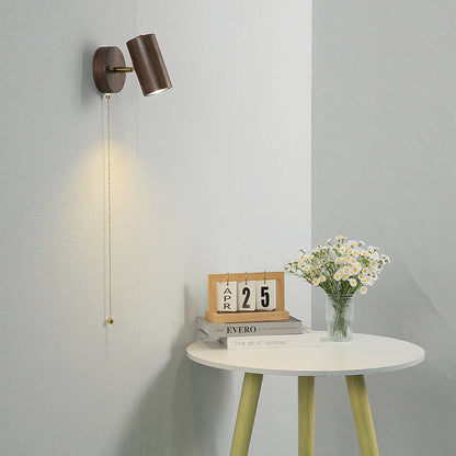 walnut wood wall sconce, close-up of shade and hardware detail