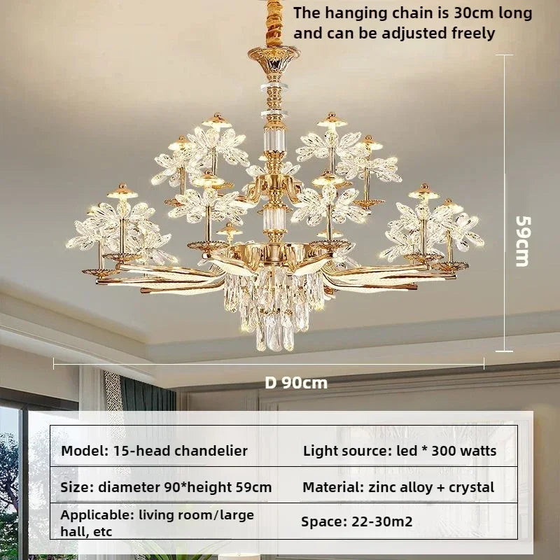 Gold plated crystal chandelier with drawn and carved petal detailing