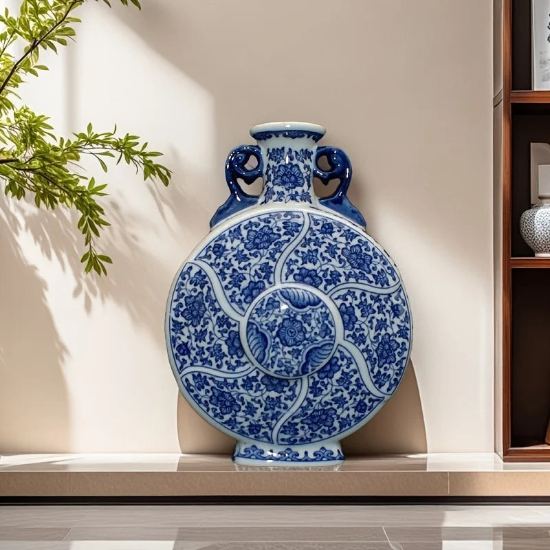 Handcrafted porcelain blue white floral Chinese antique moon vase