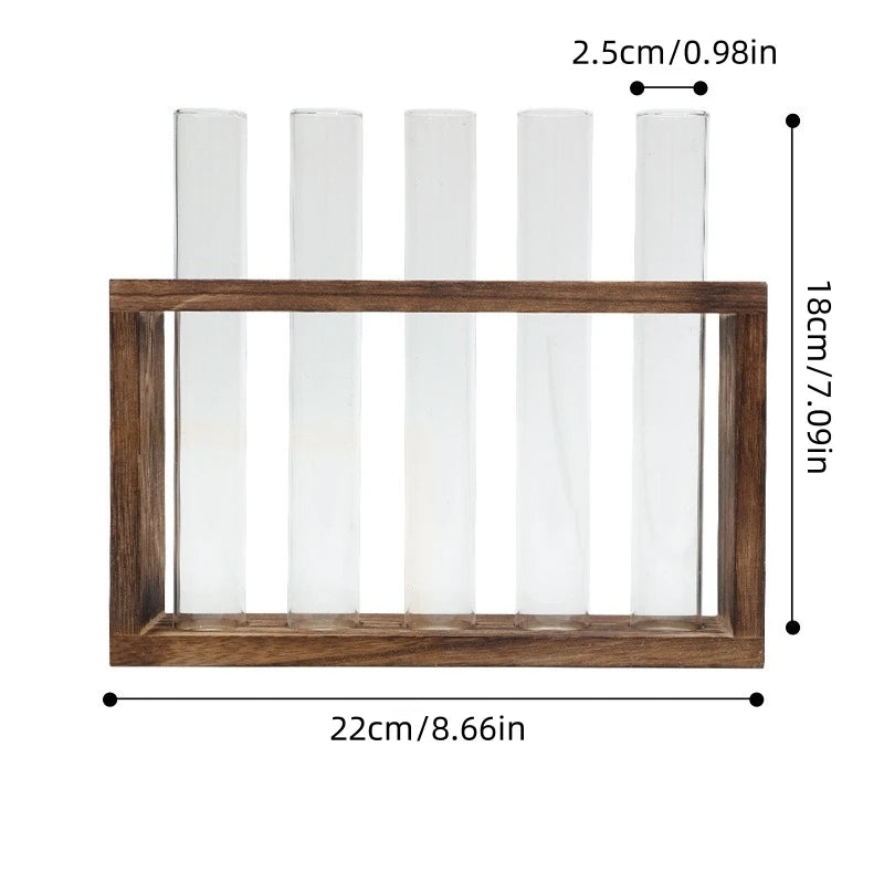 Glass tube planter desktop configuration showing wooden stand and tubes
