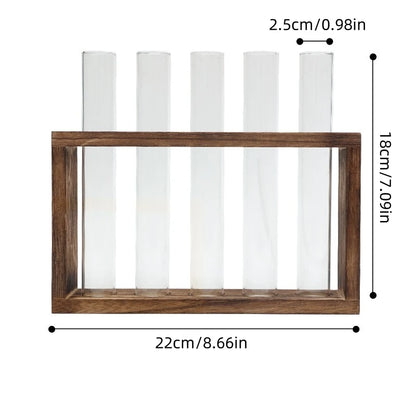 Glass tube planter desktop configuration showing wooden stand and tubes