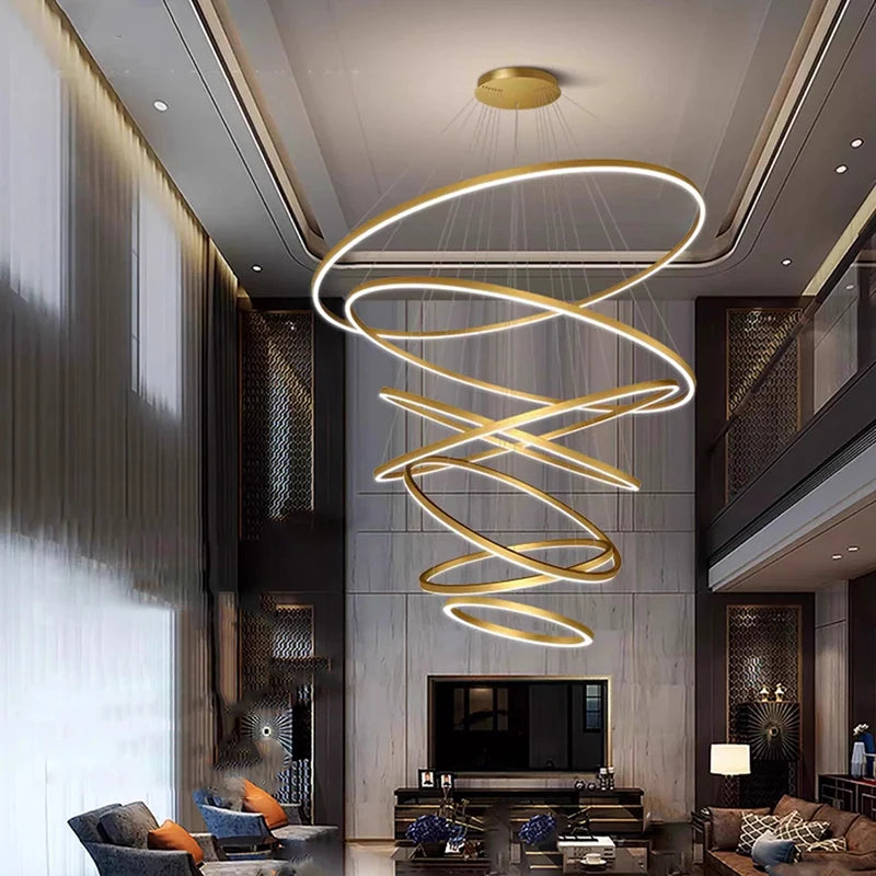 Black iron frame chandelier with layered acrylic rings in graduated diameters