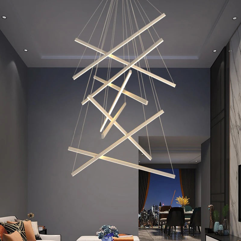 Five head cascading chandelier in white metal, 31.5 inches wide, 59 inch drop