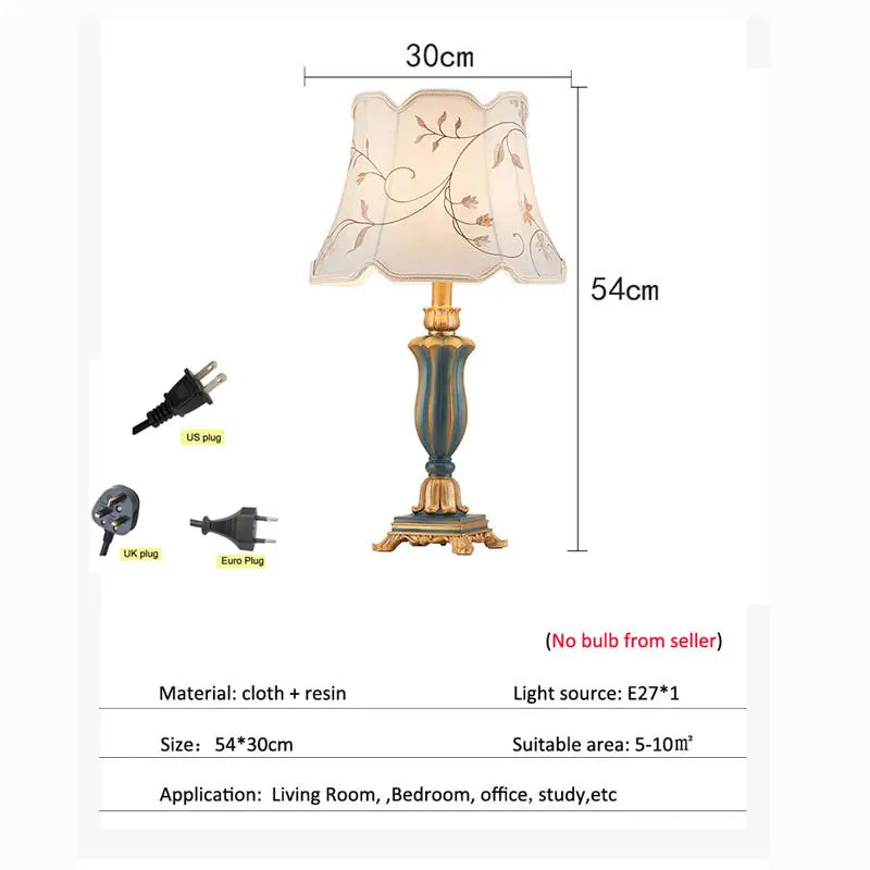 Country fabric lamp base and fitting close-up with white shade detail