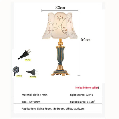 Country fabric lamp base and fitting close-up with white shade detail