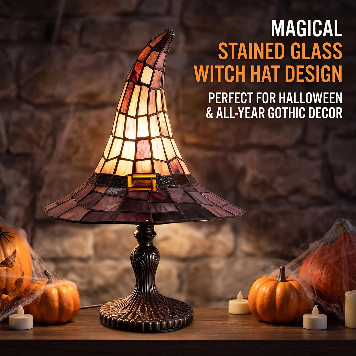 Handcrafted resin witch table lamp switched on warm accent glow