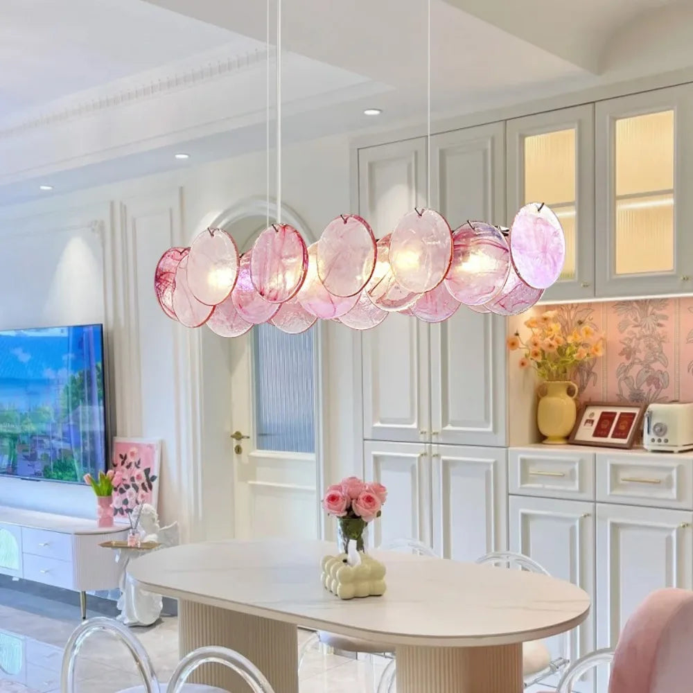 Pink Murano glass chandelier with coloured shades on plated iron