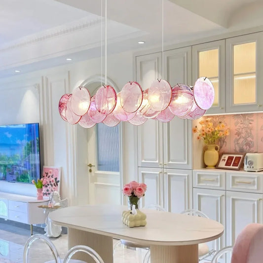 Pink Murano glass chandelier with coloured shades on plated iron