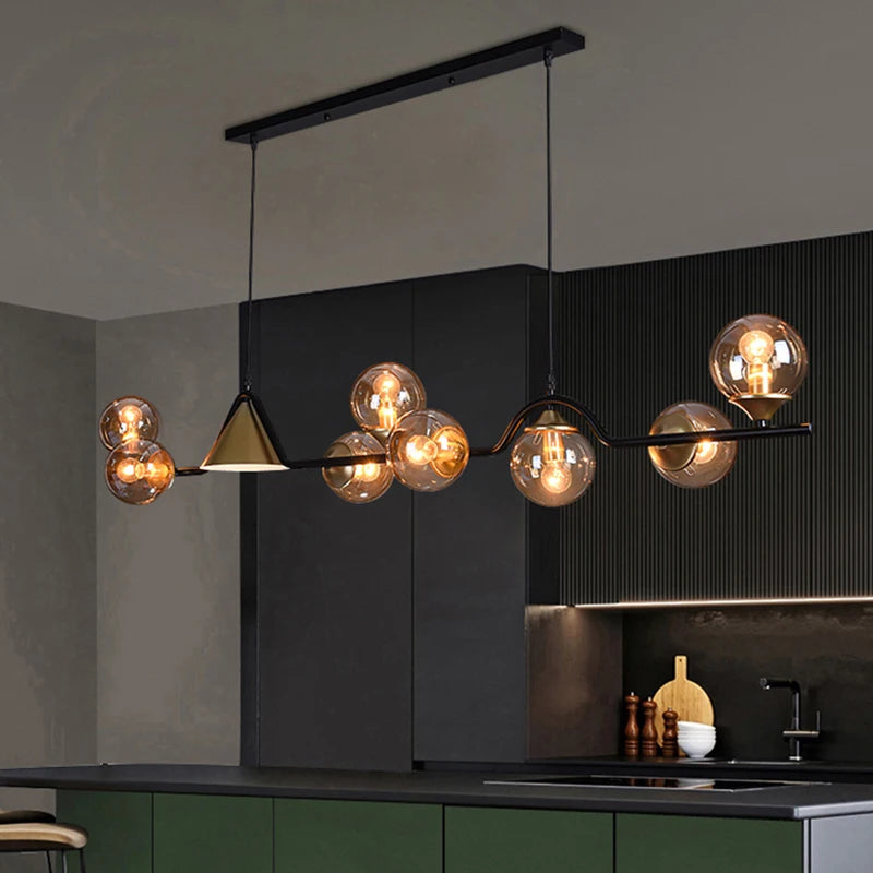 Nordic glass linear chandelier with glass heads on an ironwork bar