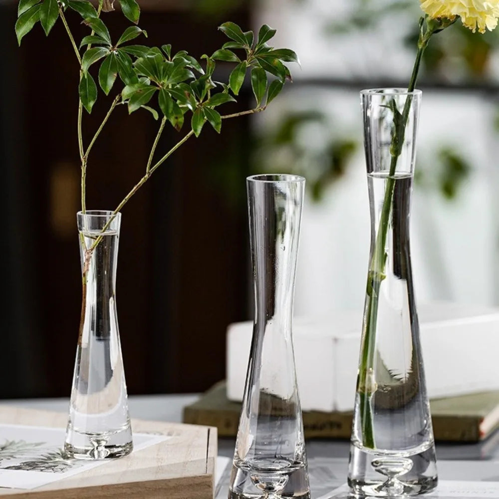 European-style clear glass flower vase with artistic slanted mouth opening