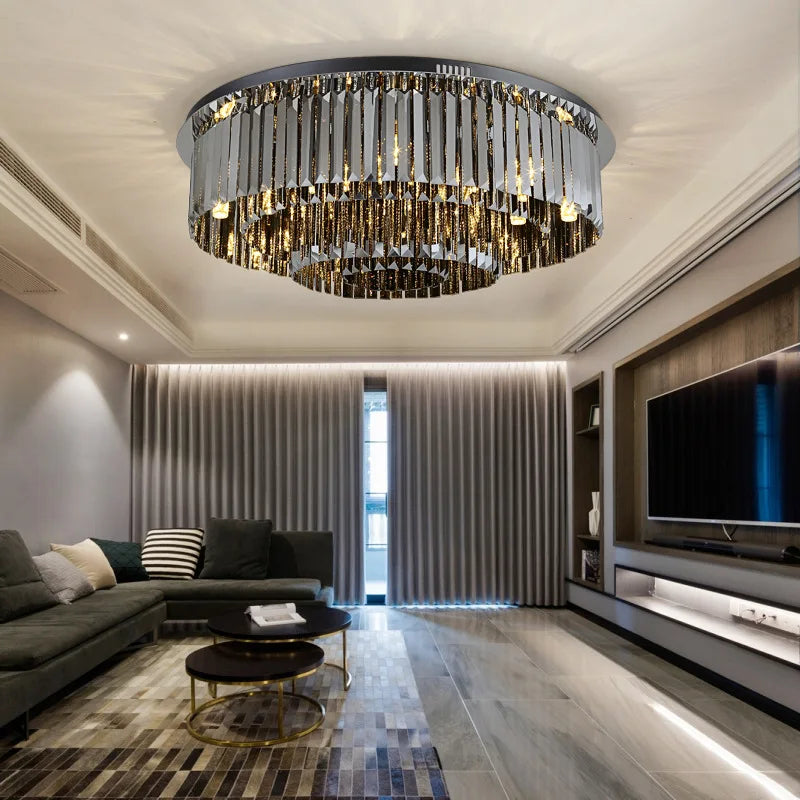 Round black crystal chandelier, 23.6 in across, surface mounted to the ceiling