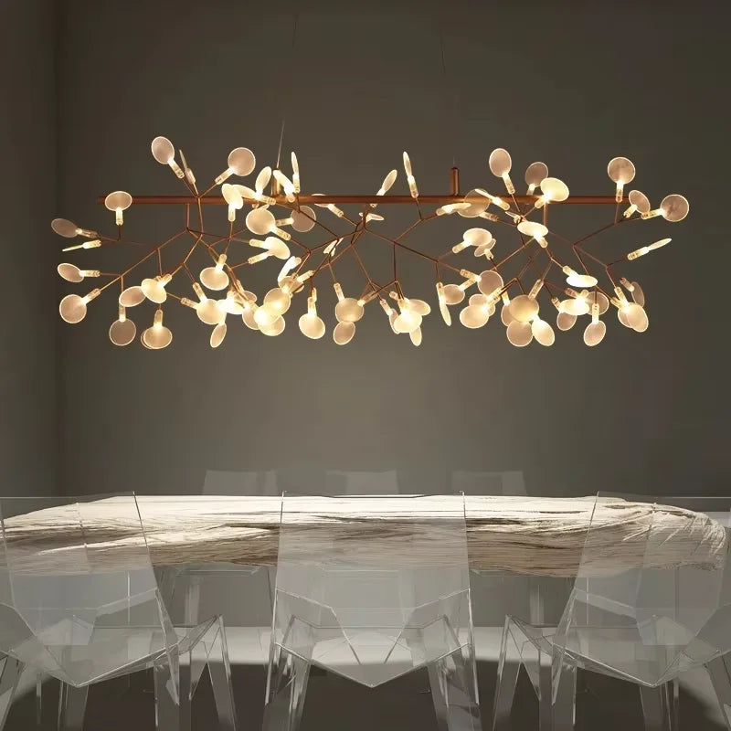 Black iron firefly chandelier at 49.2 in across with 45 LED stems