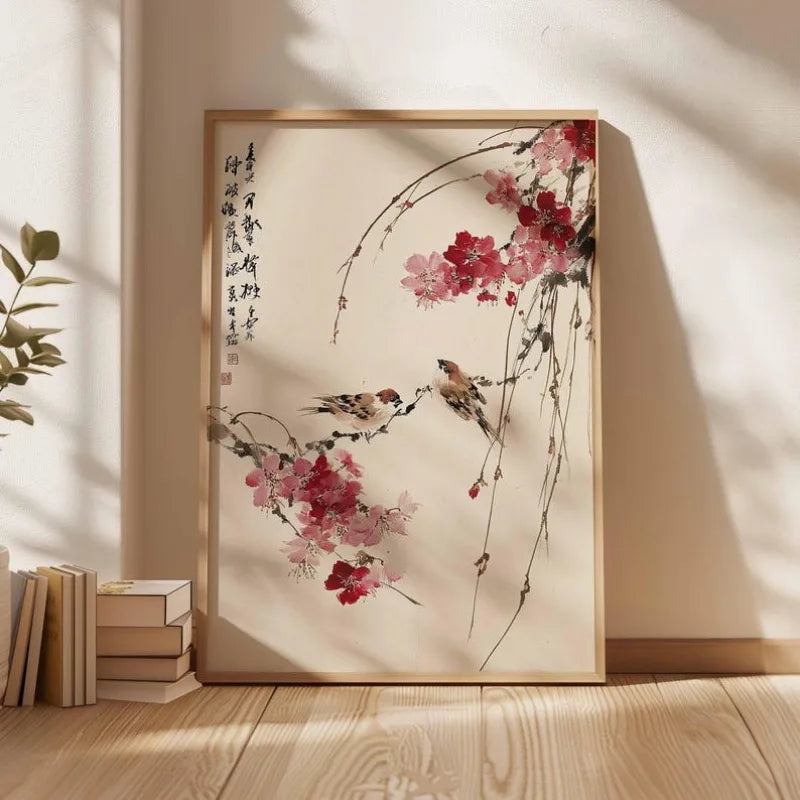 Japanese Bird Cherry Blossom Zen Canvas Wall Art