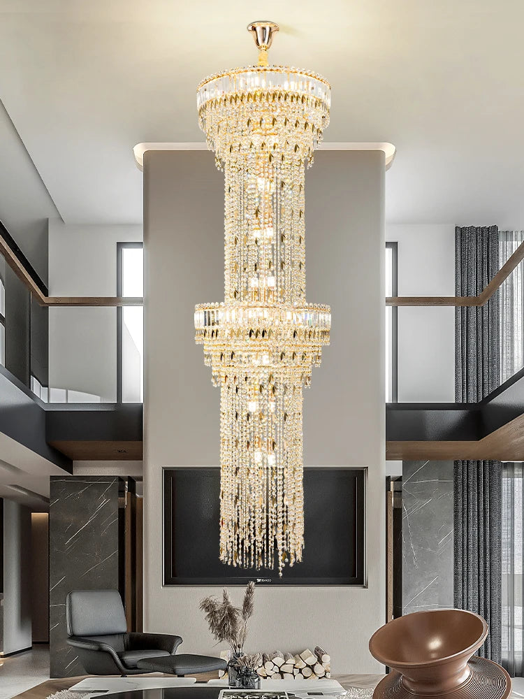 Hollow spiral crystal chandelier with layered crystal around an open core