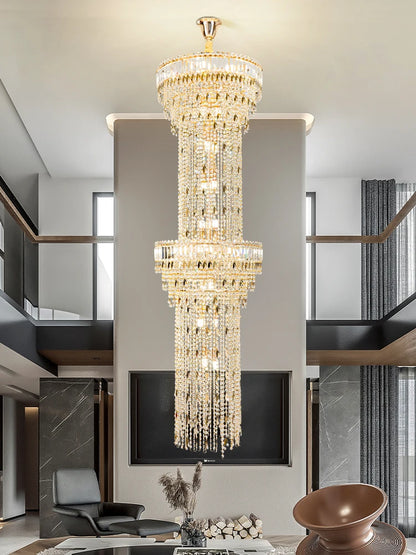Hollow spiral crystal chandelier with layered crystal around an open core