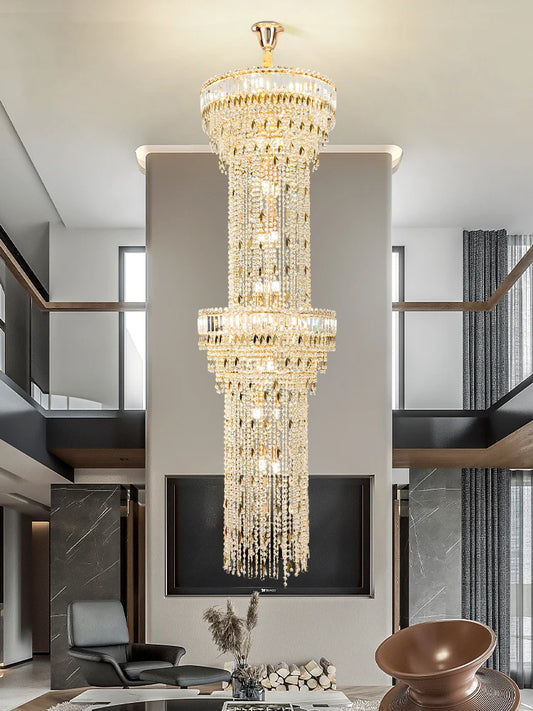 Hollow spiral crystal chandelier with layered crystal around an open core