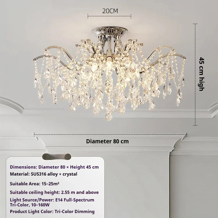 Crystal detail on a flush mounted stainless steel chandelier