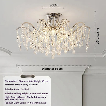 Crystal detail on a flush mounted stainless steel chandelier