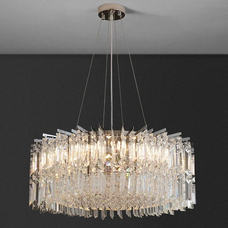 Crystal detail inside a polished chrome flush mount chandelier frame
