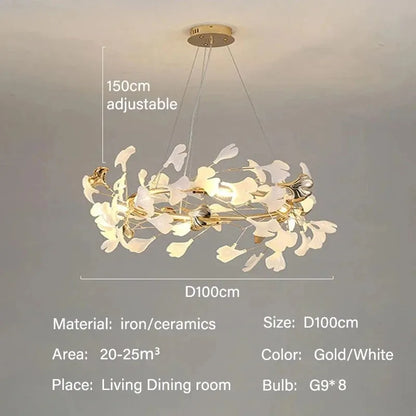 Grouped ceramic ginkgo leaves set along the chandelier slim metal arms