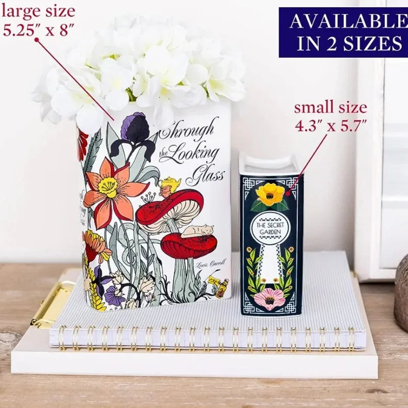 Pair of small and large ceramic book stack vases displayed together