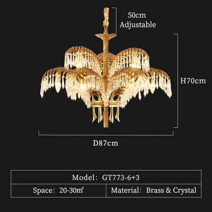 K9 crystal drops suspended from gilded palm leaf chandelier arms