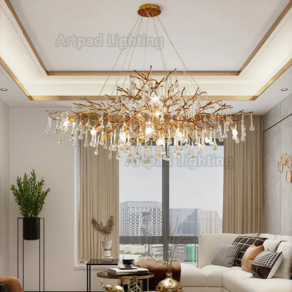 Crystal glass detail on a retro gold iron branch chandelier arm