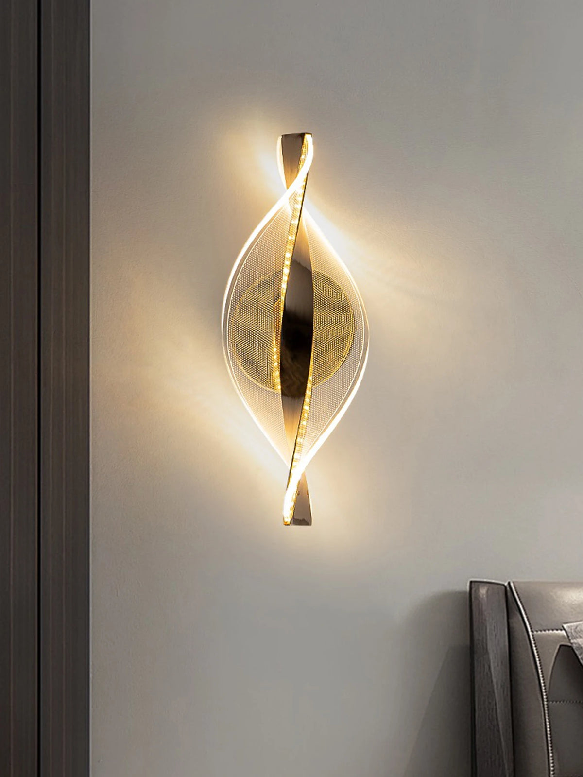gold and black acrylic outdoor wall sconce, front view on white background