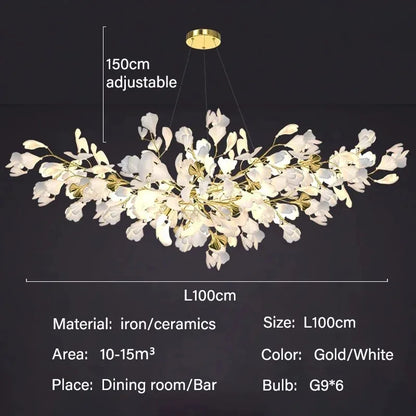 Gold aluminum ginkgo leaf chandelier with cord pendant suspension