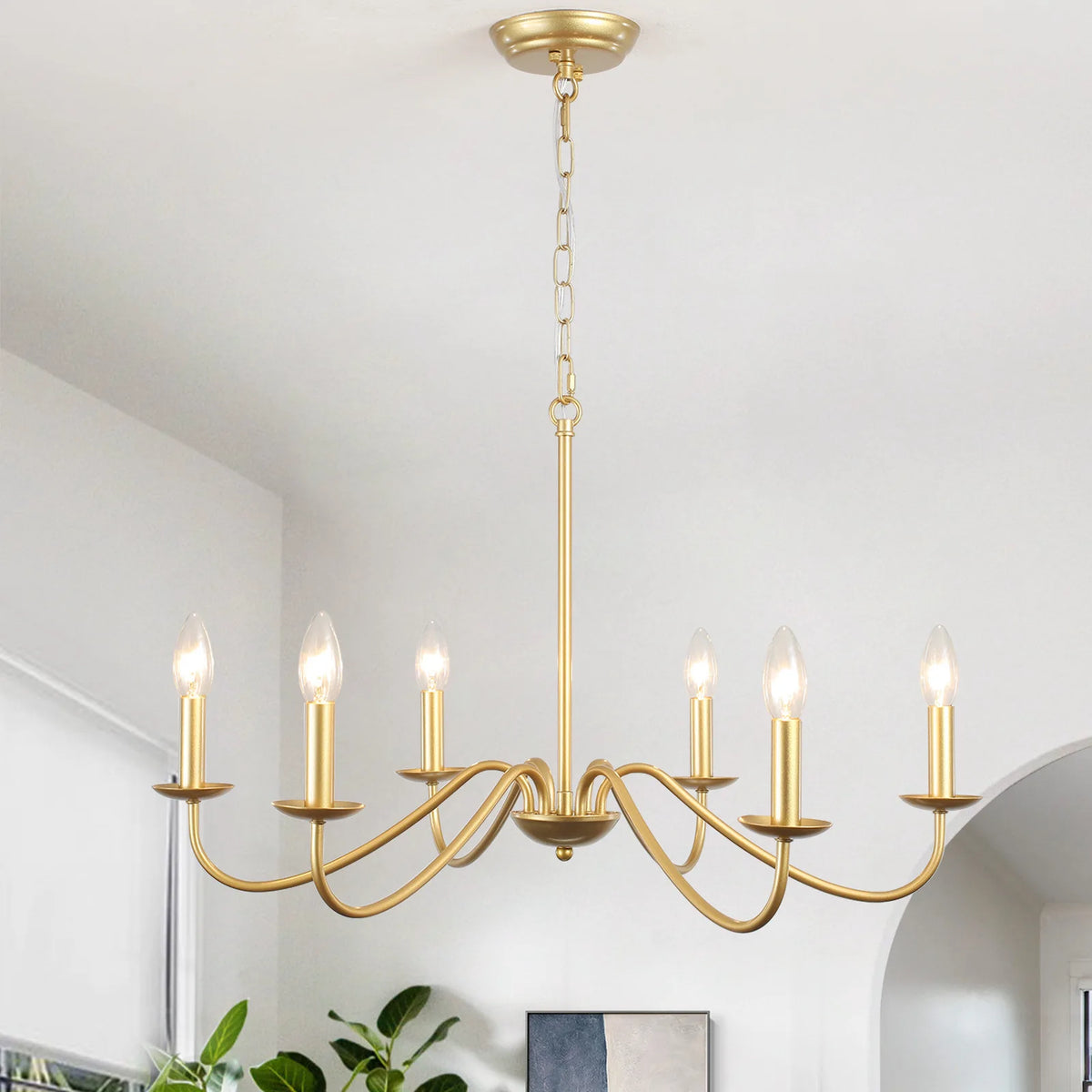 Plated gold shadeless chandelier with six arms on a semi-flush mount
