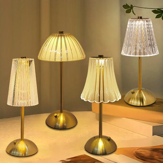 Touch dimmable gold wireless table lamp USB Type-C front view switched on