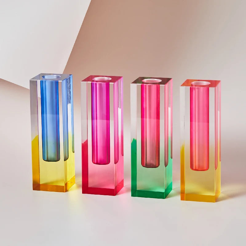 Frosted purple-pink dual-tone acrylic pillar bud vase on a Scandi shelf display