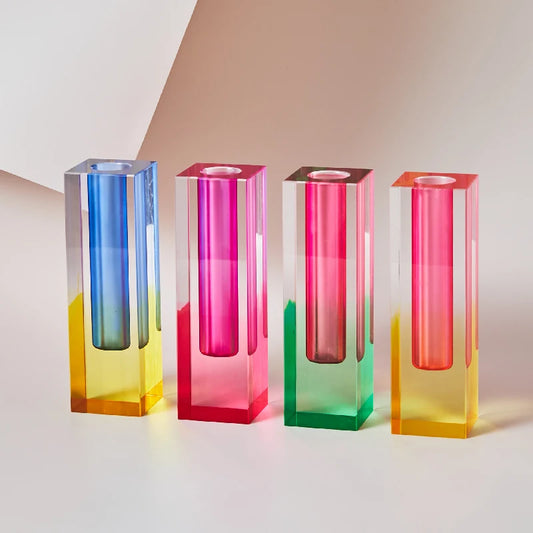 Frosted purple-pink dual-tone acrylic pillar bud vase on a Scandi shelf display