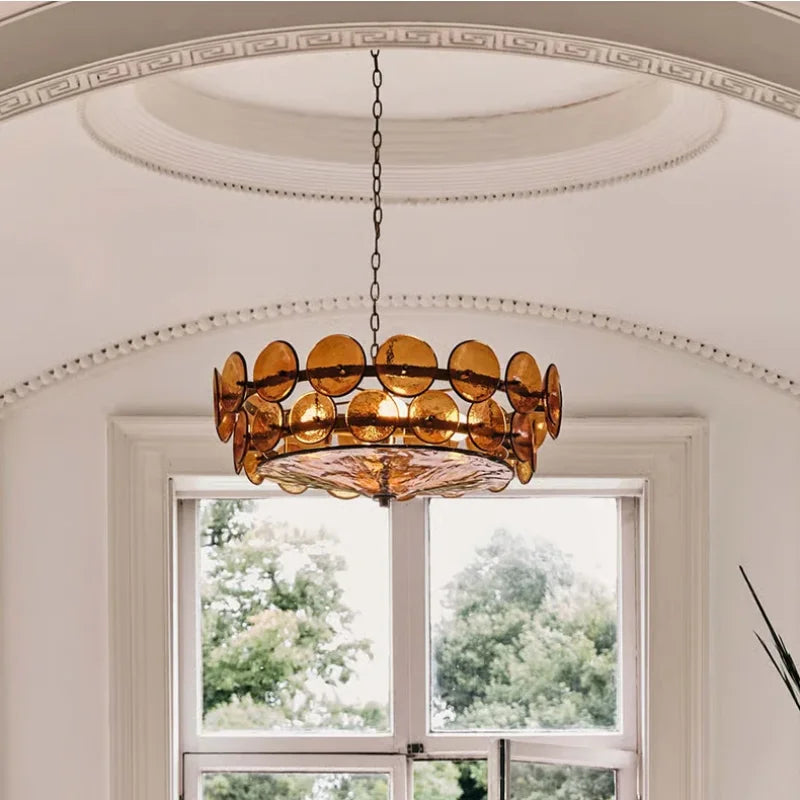 White glass round chandelier at 39.4 in across, bulbs not included