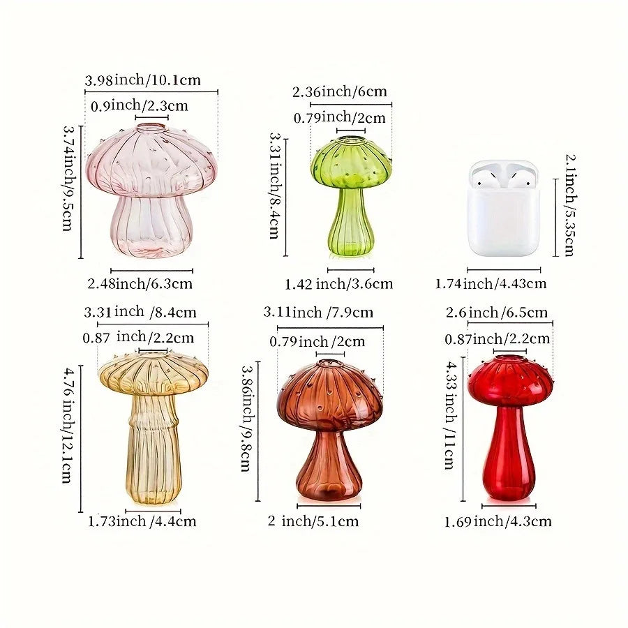 Three glass mushroom vases in styles A, B, and Coffee grouped