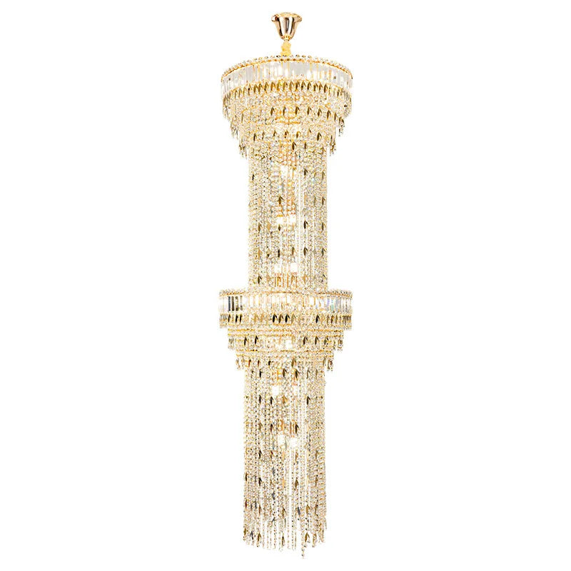 Four layer crystal chandelier, 27.6 inch diameter, for a duplex stairwell