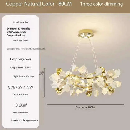 Branching iron chandelier arms set with angled glass leaves