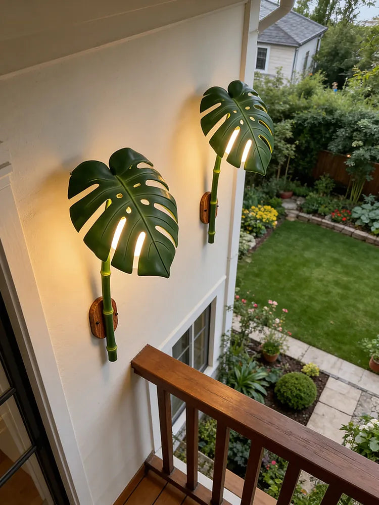 bamboo outdoor wall sconce, detail view of fixture base and arm