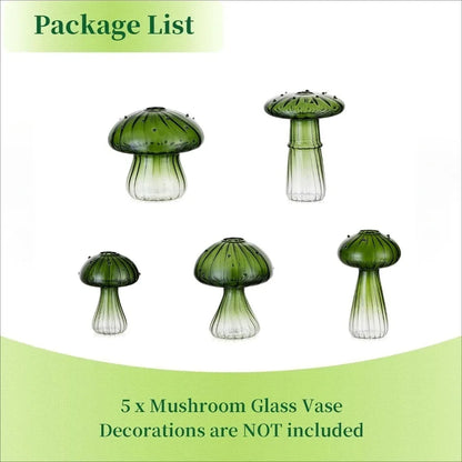 Three mushroom glass propagation vases in gradient and clear finishes