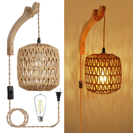 rattan wall sconce, front view on white background