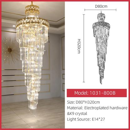 Three color light across the crystal shades of a column chandelier