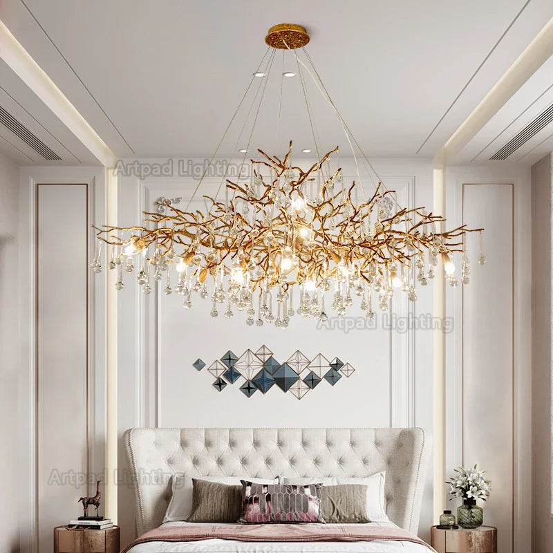 Retro gold crystal branch chandelier with crystal glass on iron branches