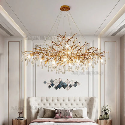 Retro gold crystal branch chandelier with crystal glass on iron branches